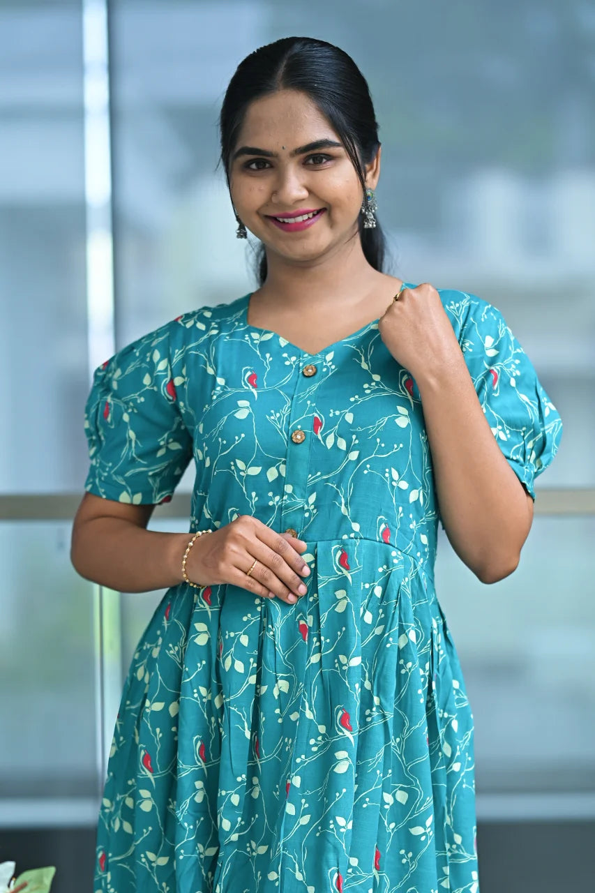 Teal Bird Print Cotton Midi Dress