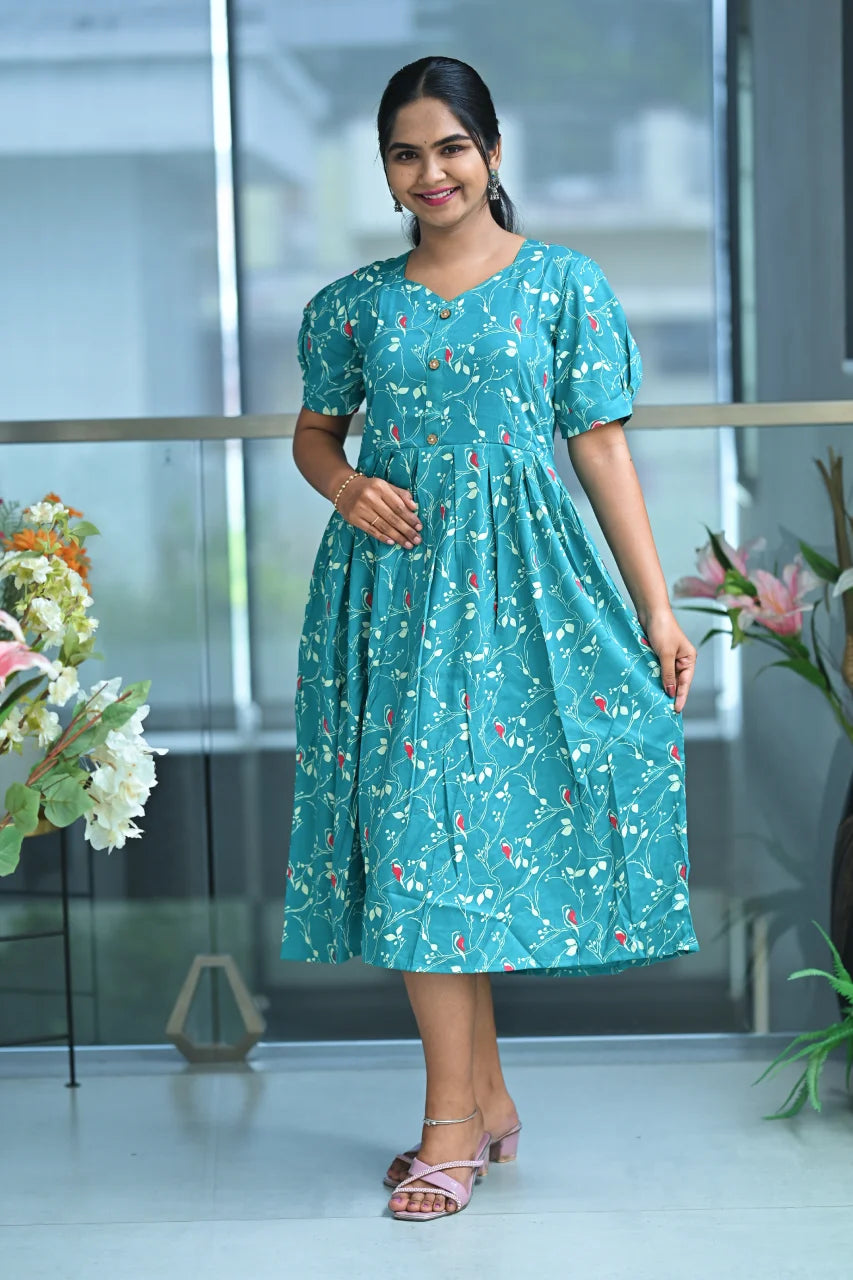 Teal Bird Print Cotton Midi Dress