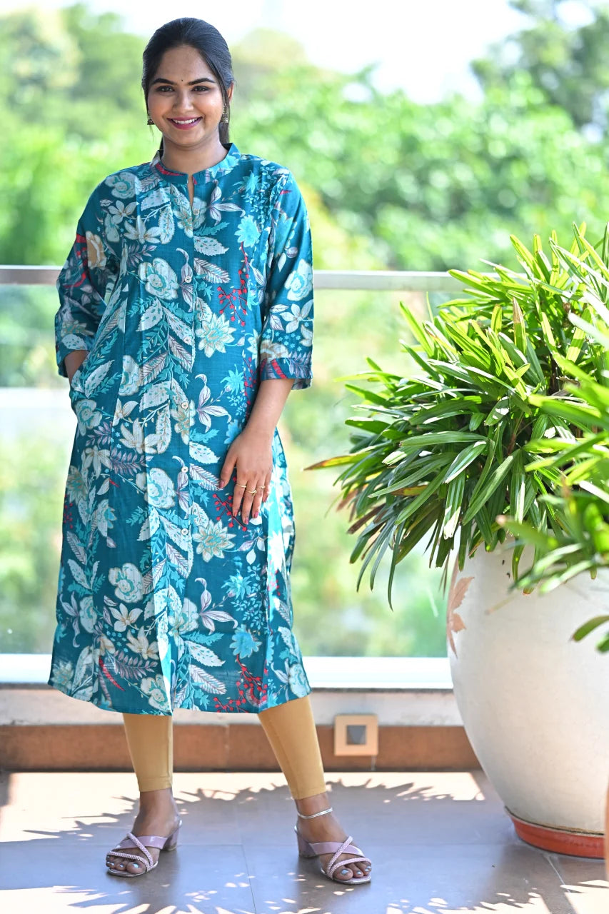 Teal Blue Botanical Print Straight Kurti