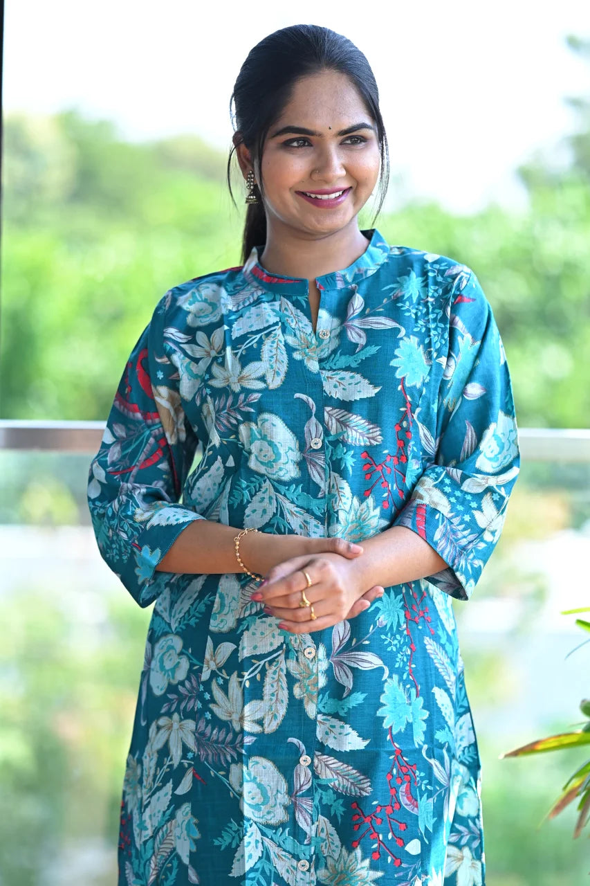 Teal Blue Botanical Print Straight Kurti