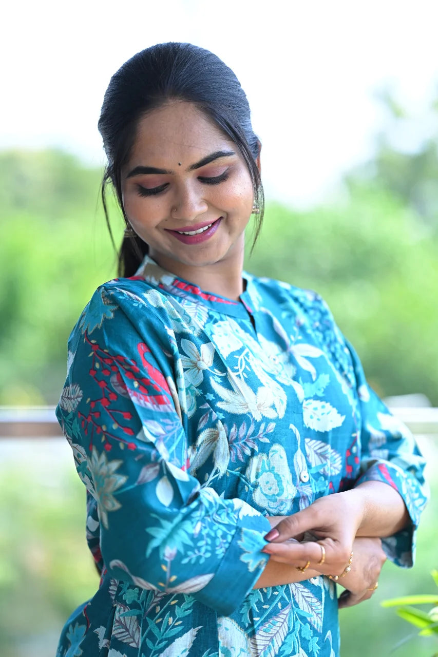 Teal Blue Botanical Print Straight Kurti