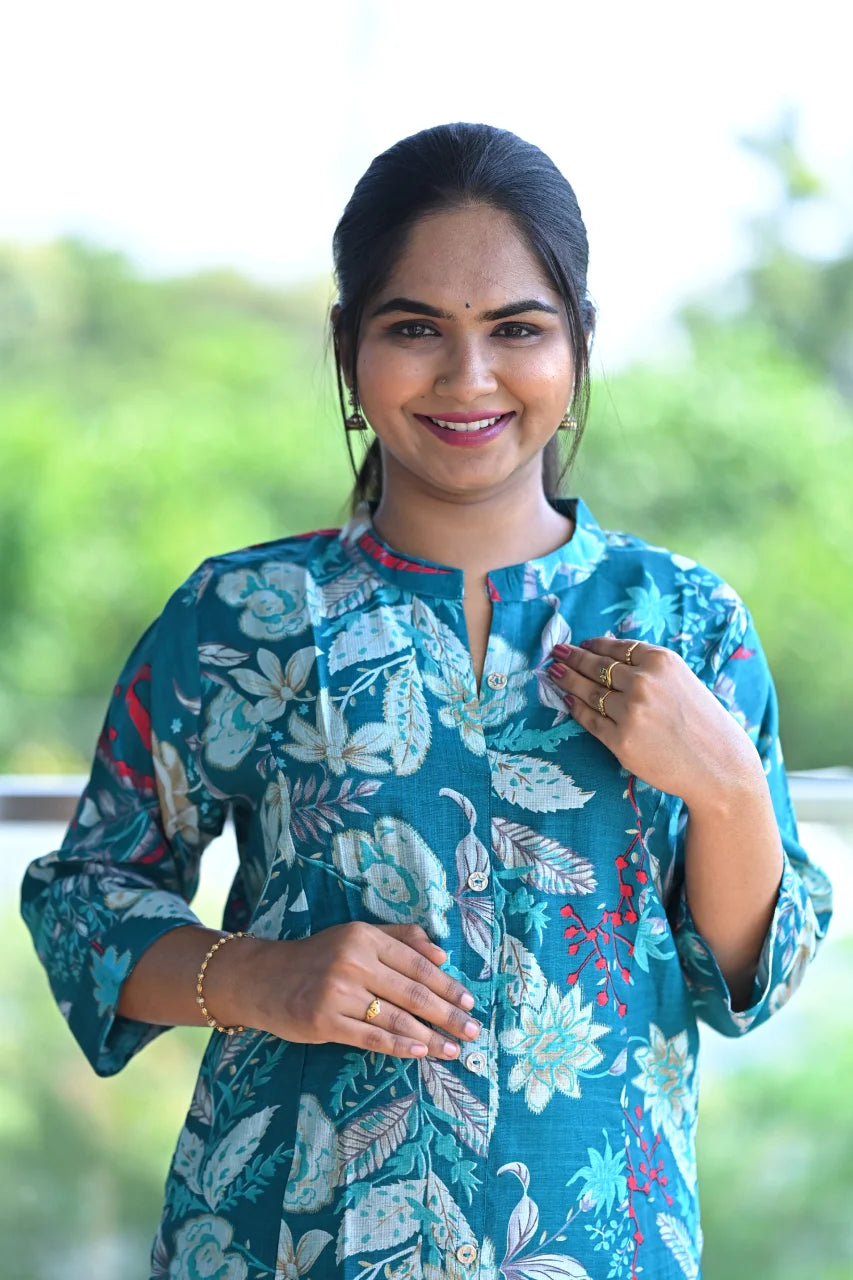 Teal Blue Botanical Print Straight Kurti