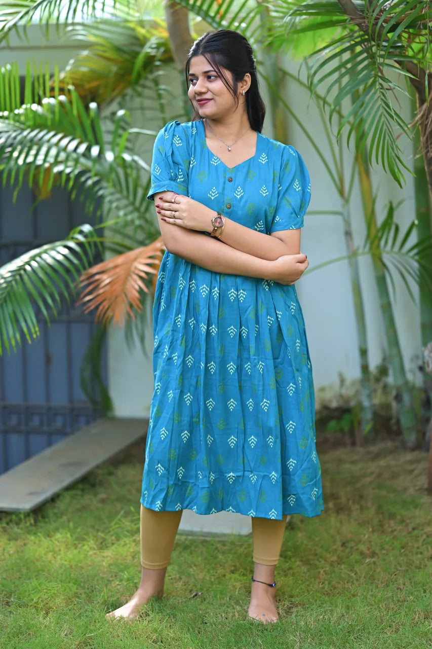 Teal Blue Ethnic Printed Cotton A-Line Kurti