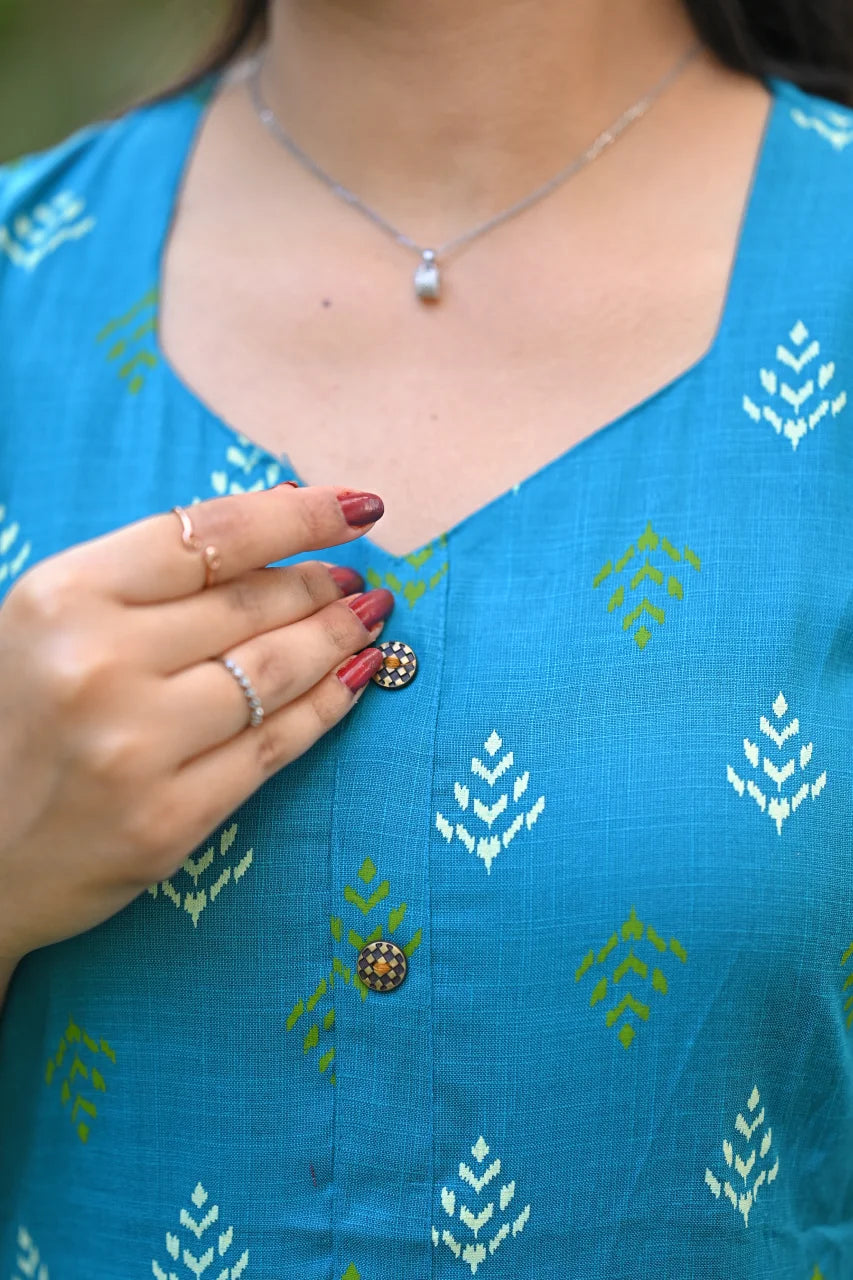 Teal Blue Ethnic Printed Cotton A-Line Kurti