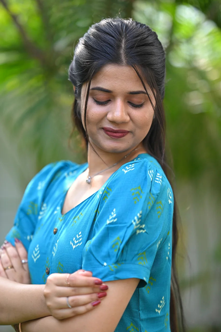 Teal Blue Ethnic Printed Cotton A-Line Kurti