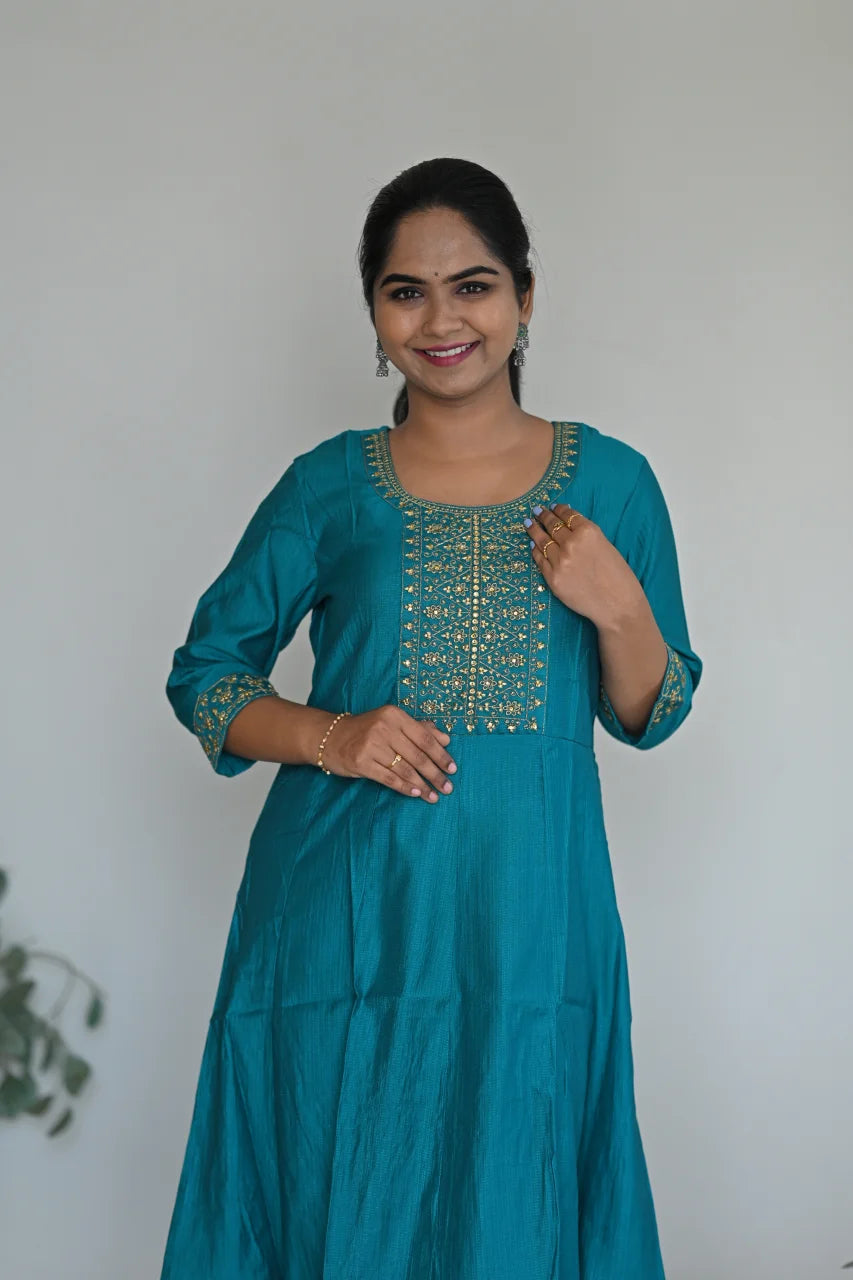Teal Grace Embroidered A-Line Kurti