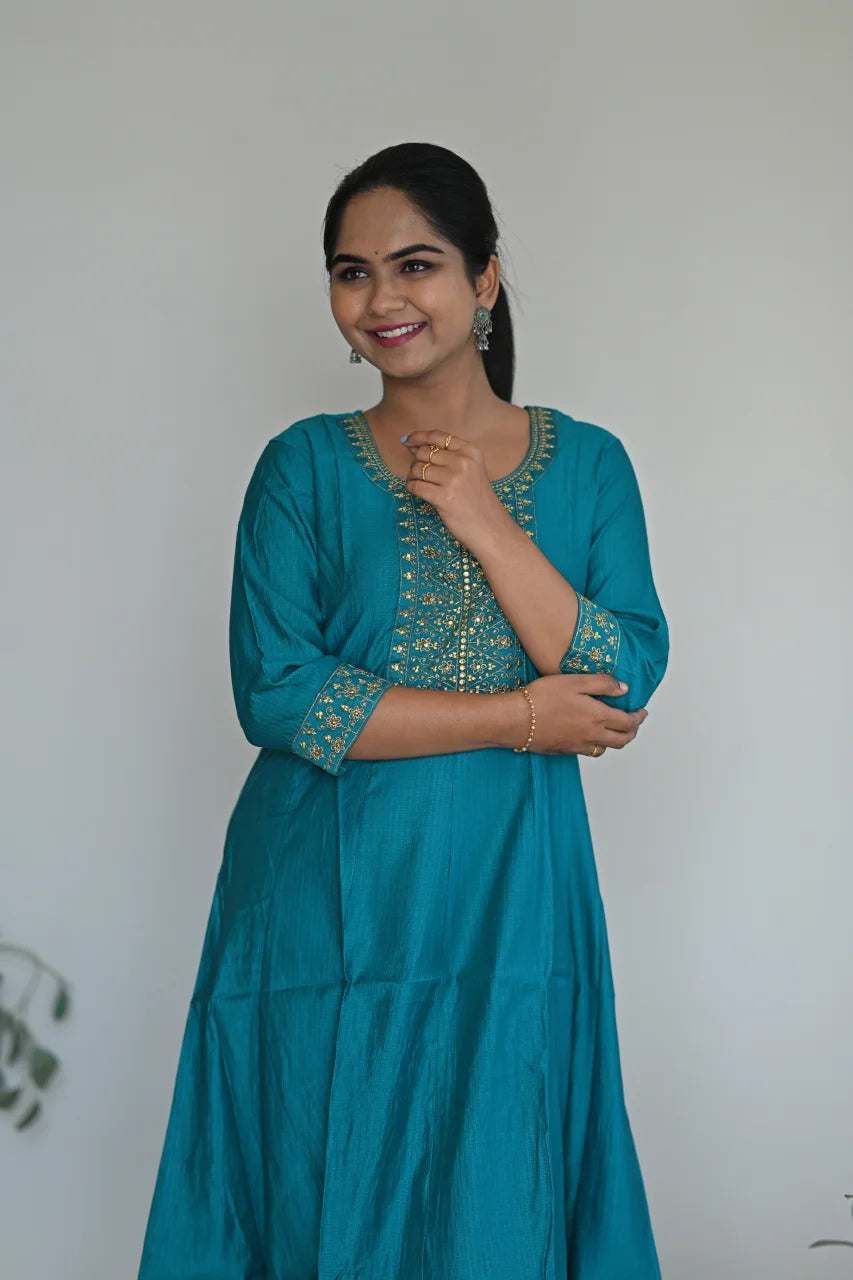 Teal Grace Embroidered A-Line Kurti