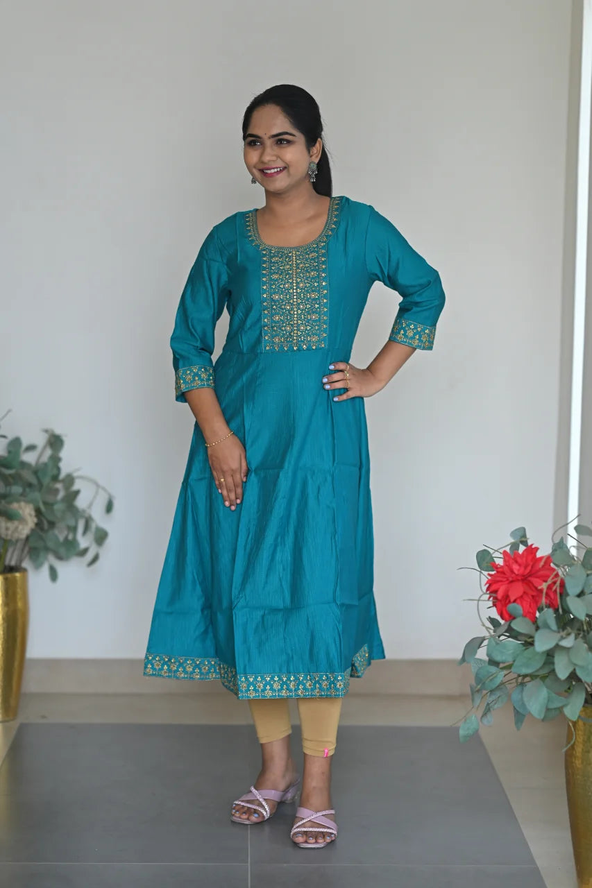 Teal Grace Embroidered A-Line Kurti