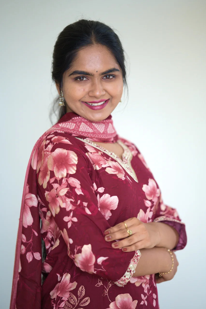Wine Floral Printed Kurti Set with Matching Dupatta