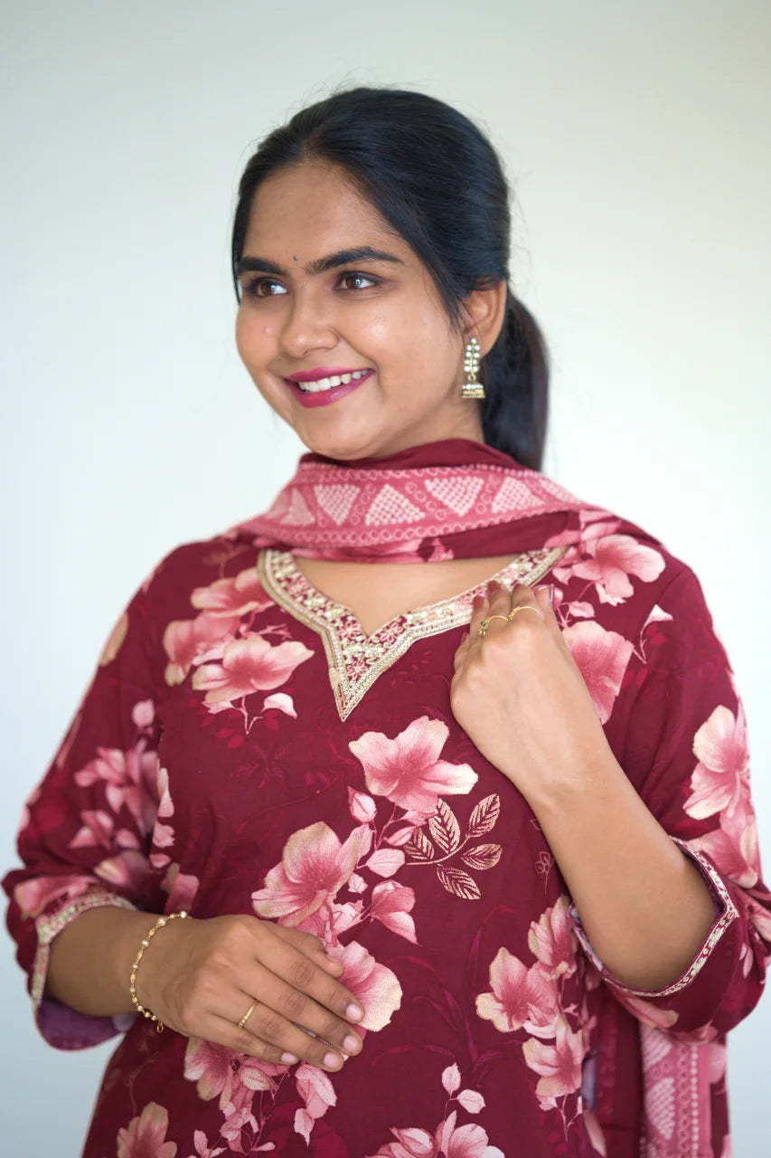 Wine Floral Printed Kurti Set with Matching Dupatta