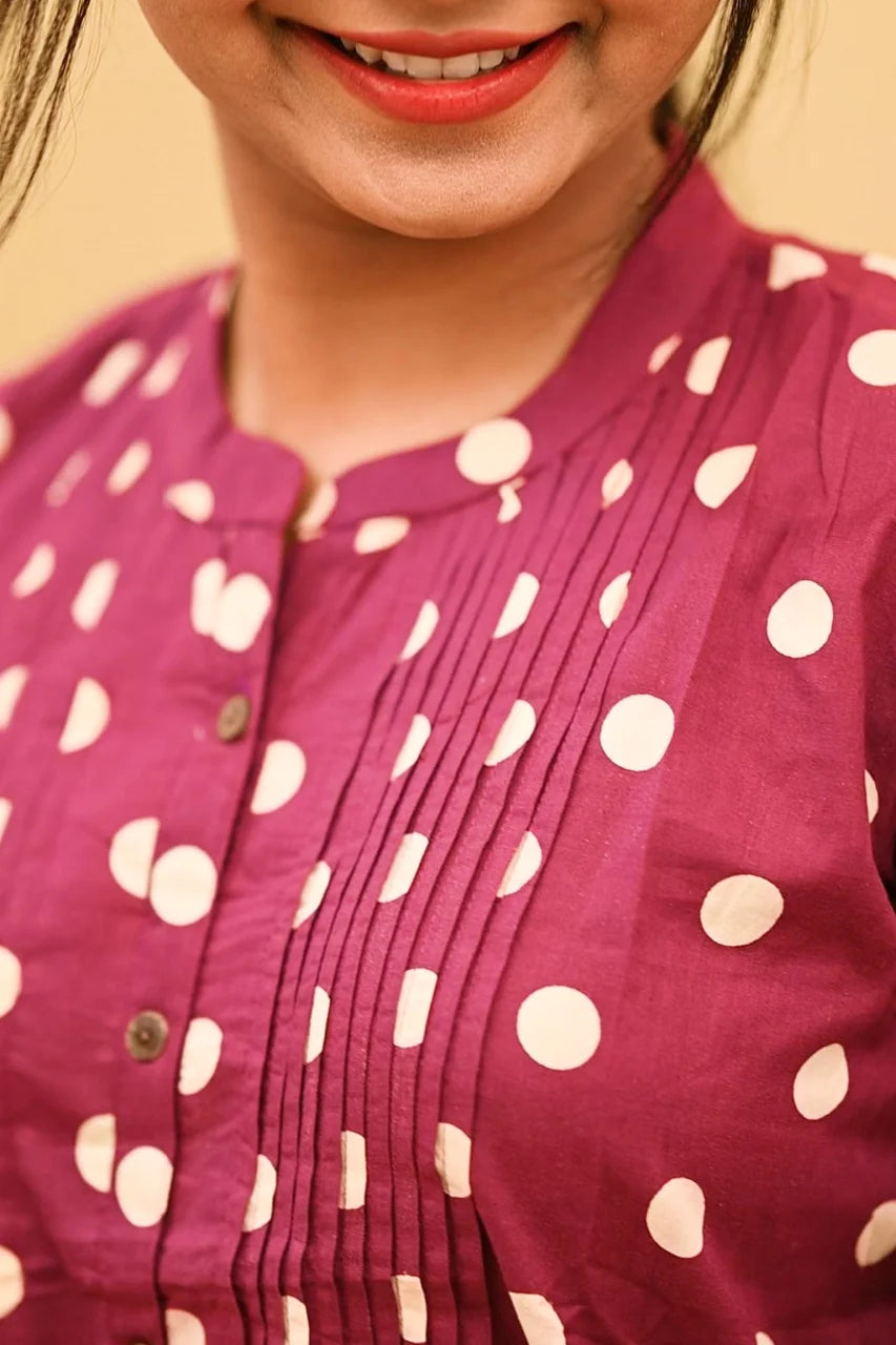 Wine Polka Dot Cotton Short Top