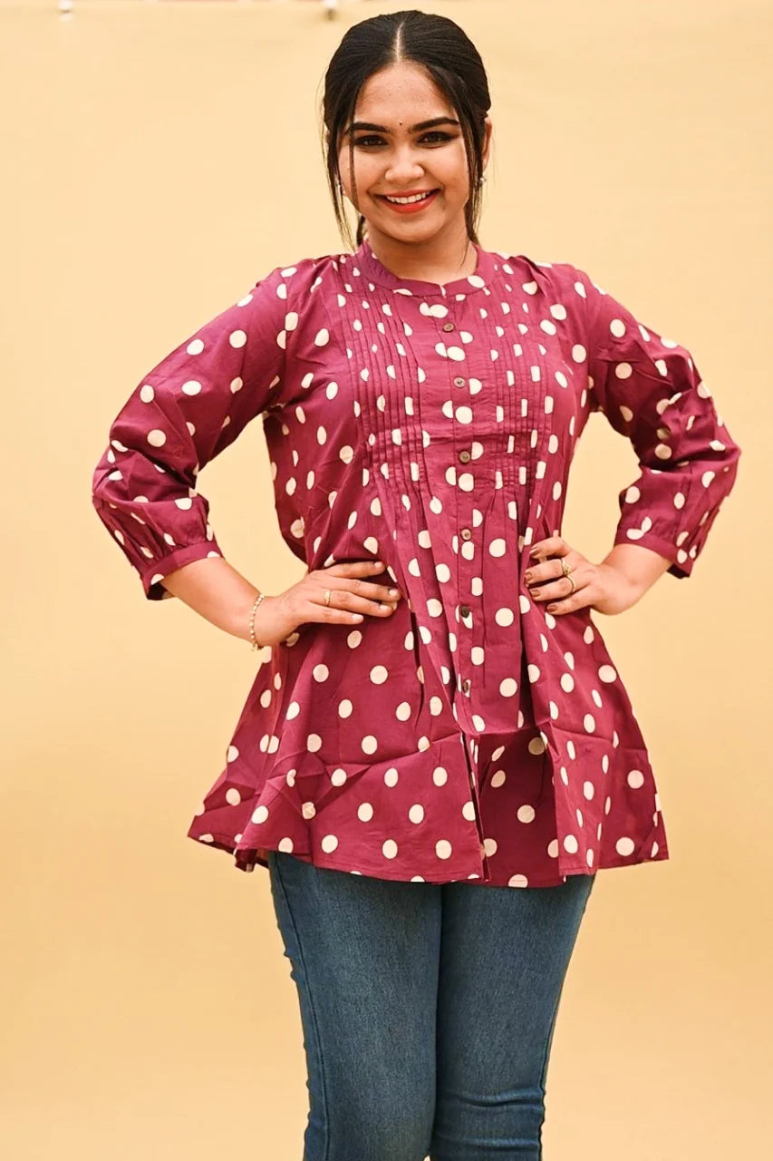 Wine Polka Dot Cotton Short Top