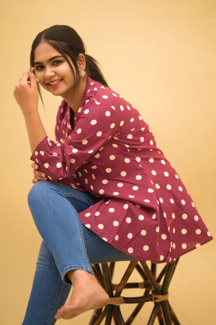 Wine Polka Dot Cotton Short Top