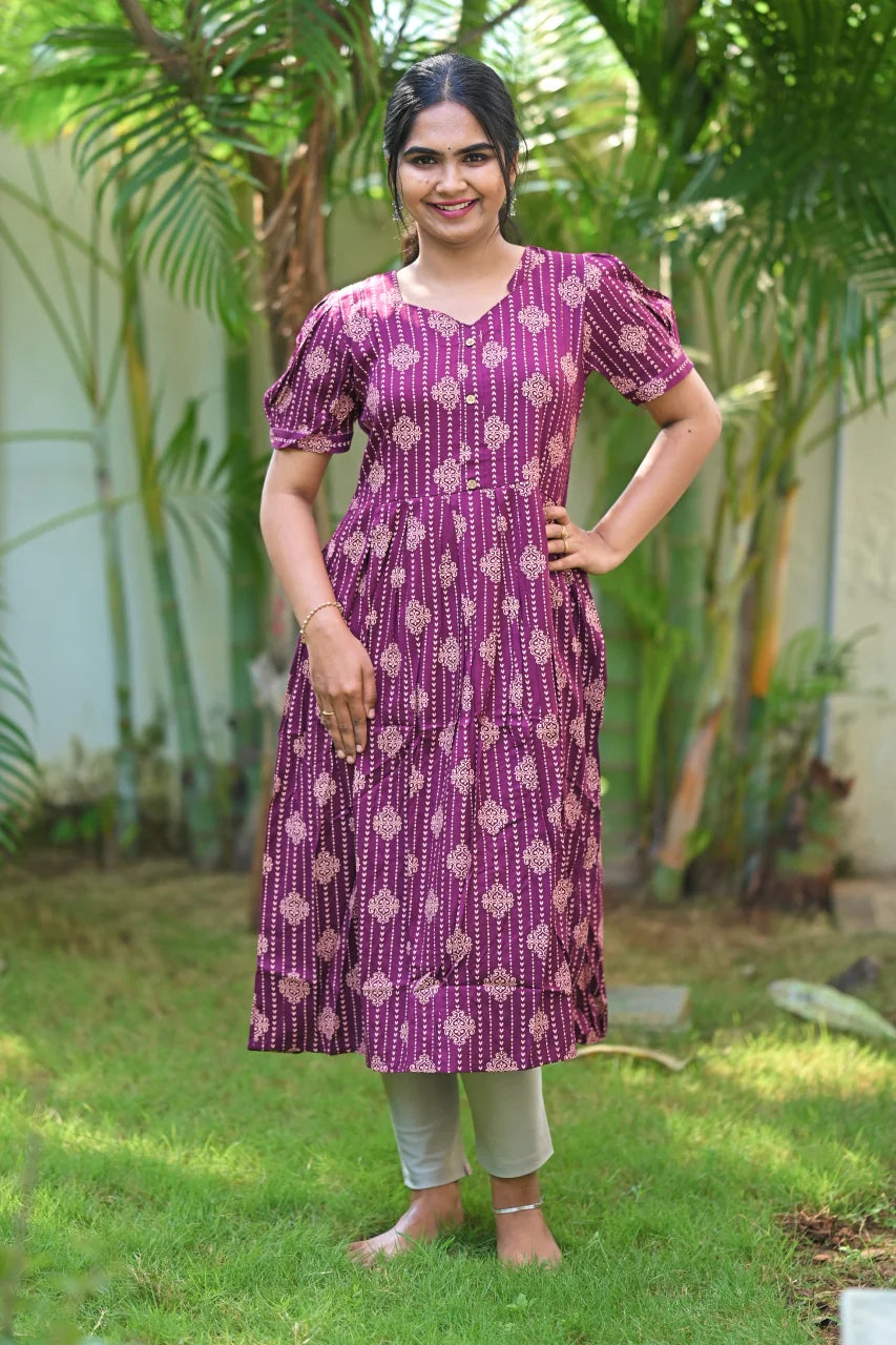 Wine Purple Ethnic Printed Cotton A-Line Kurti