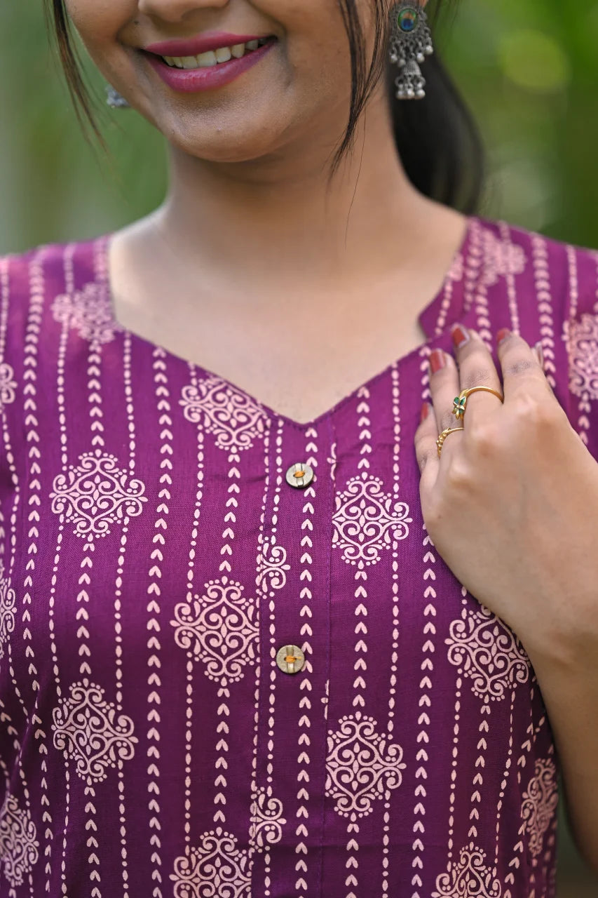 Wine Purple Ethnic Printed Cotton A-Line Kurti