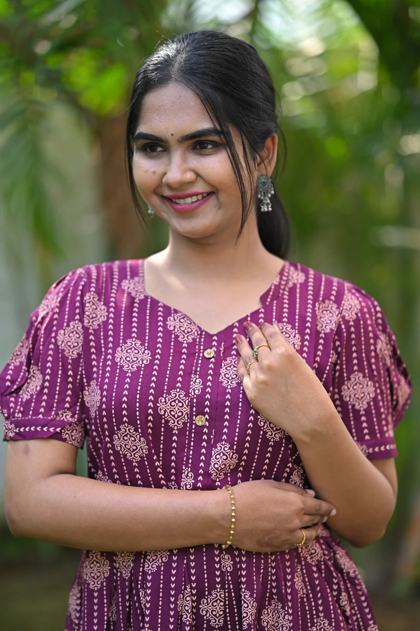 Wine Purple Ethnic Printed Cotton A-Line Kurti