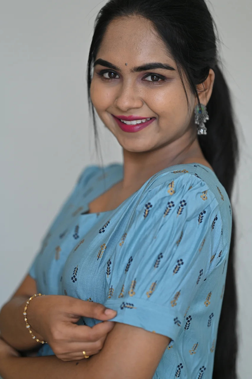 Women's Blue Floral Print Rayon Tiered Midi Dress with Puff Sleeves  Sweetheart Neck Dress