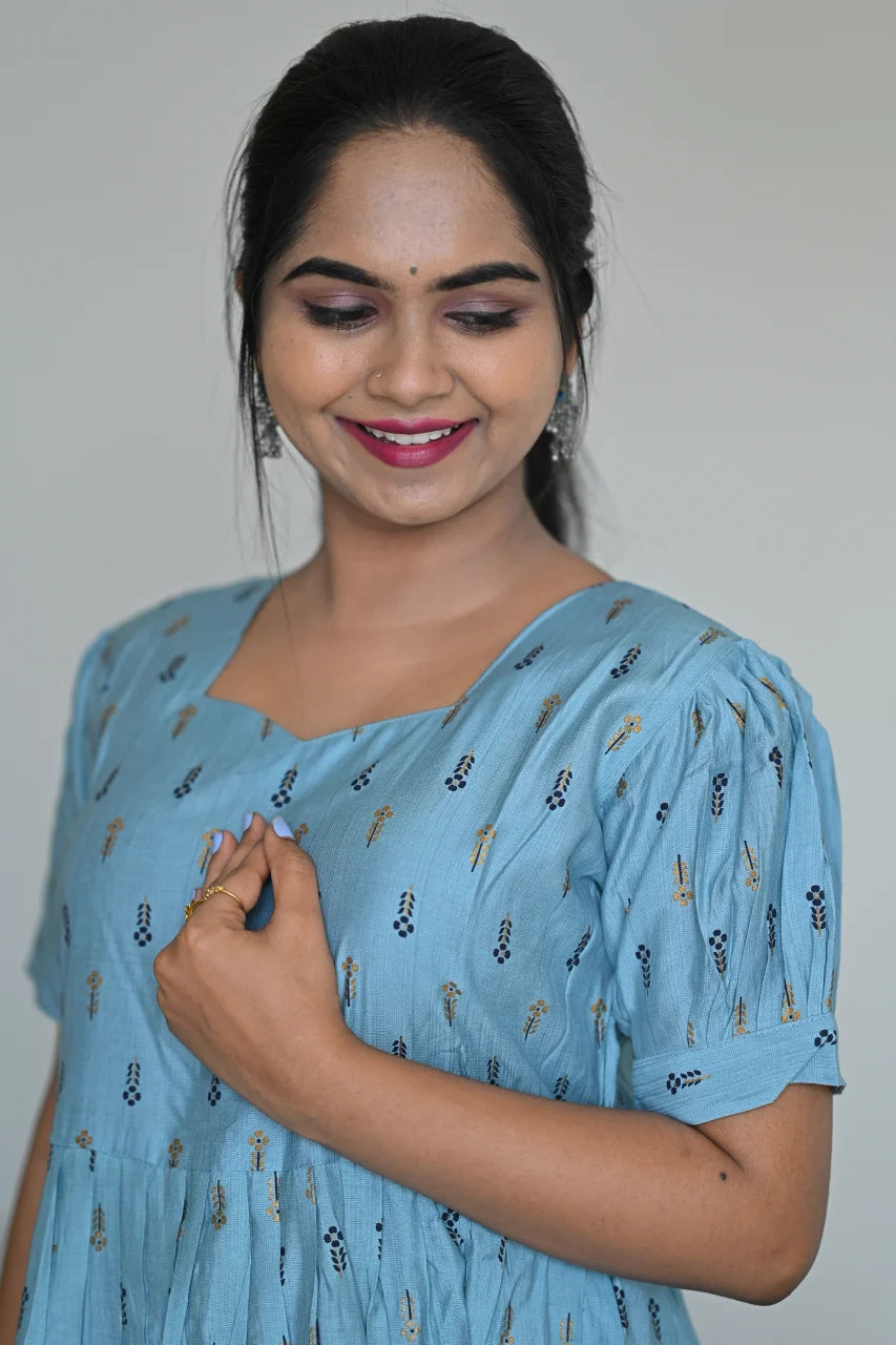 Women's Blue Floral Print Rayon Tiered Midi Dress with Puff Sleeves  Sweetheart Neck Dress