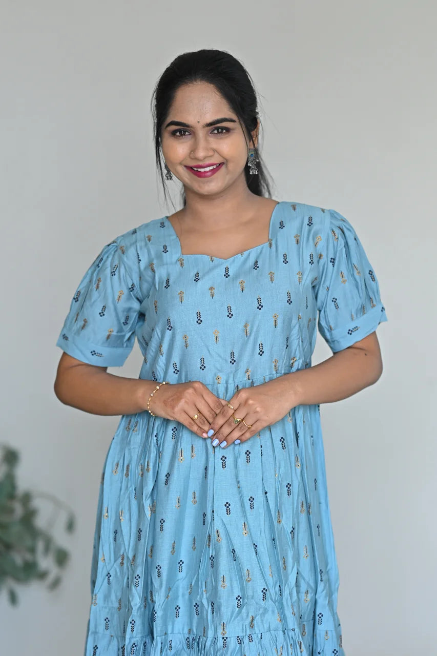 Women's Blue Floral Print Rayon Tiered Midi Dress with Puff Sleeves  Sweetheart Neck Dress