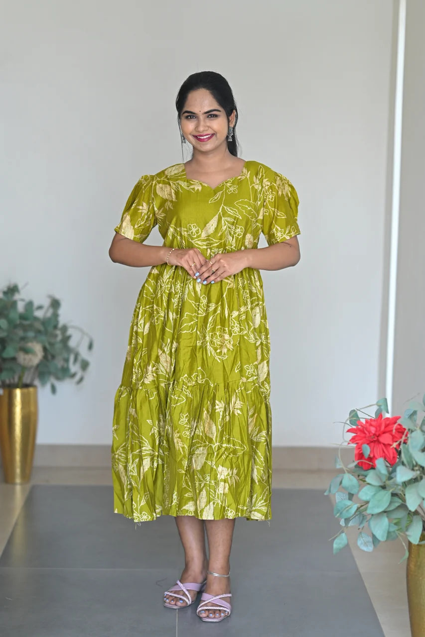 Women's Olive Green Rayon Floral Tiered Midi Dress with Puff Sleeves