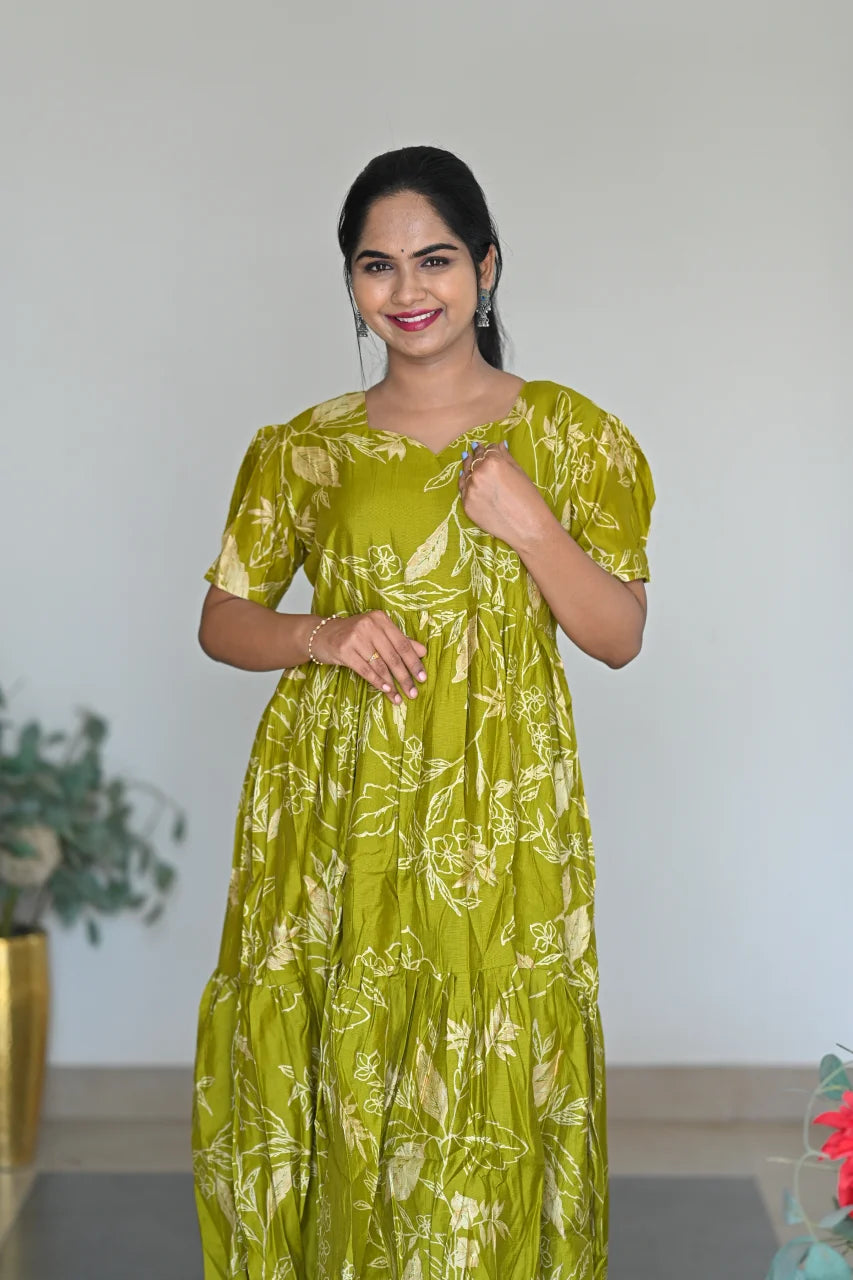 Women's Olive Green Rayon Floral Tiered Midi Dress with Puff Sleeves