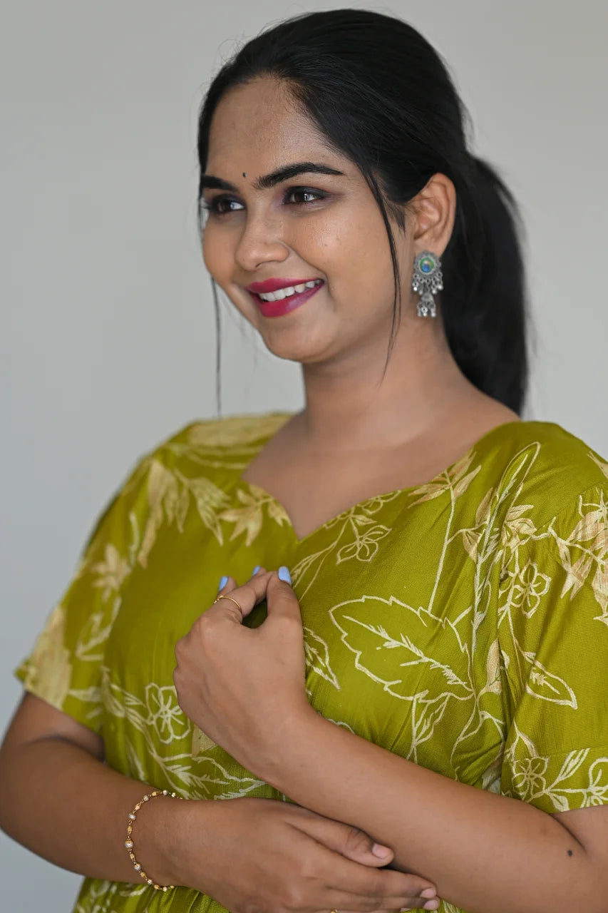 Women's Olive Green Rayon Floral Tiered Midi Dress with Puff Sleeves