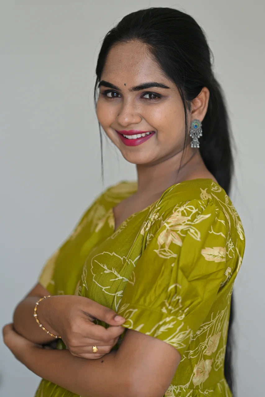 Women's Olive Green Rayon Floral Tiered Midi Dress with Puff Sleeves