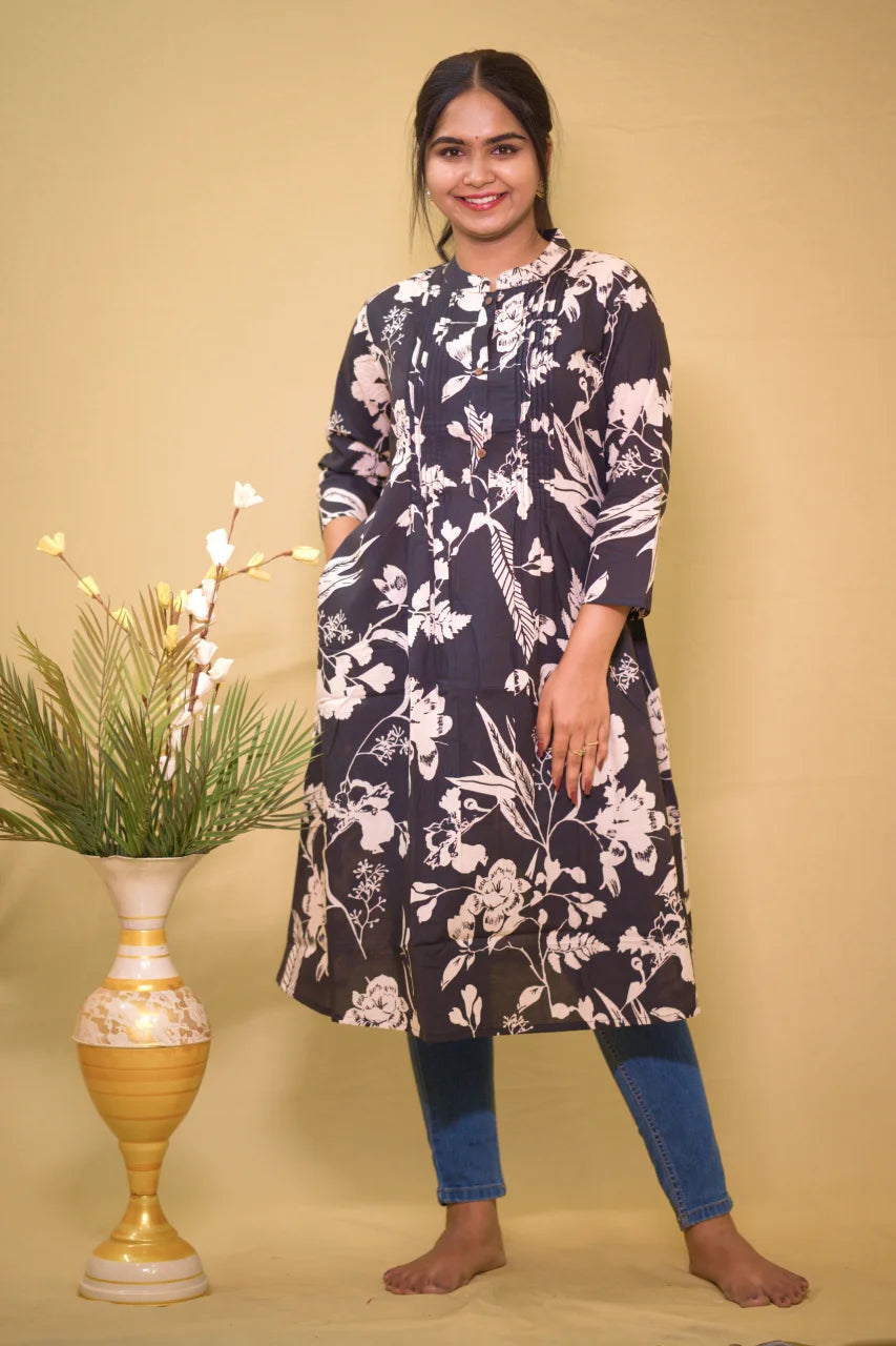 Black Floral Printed Cotton Kurti