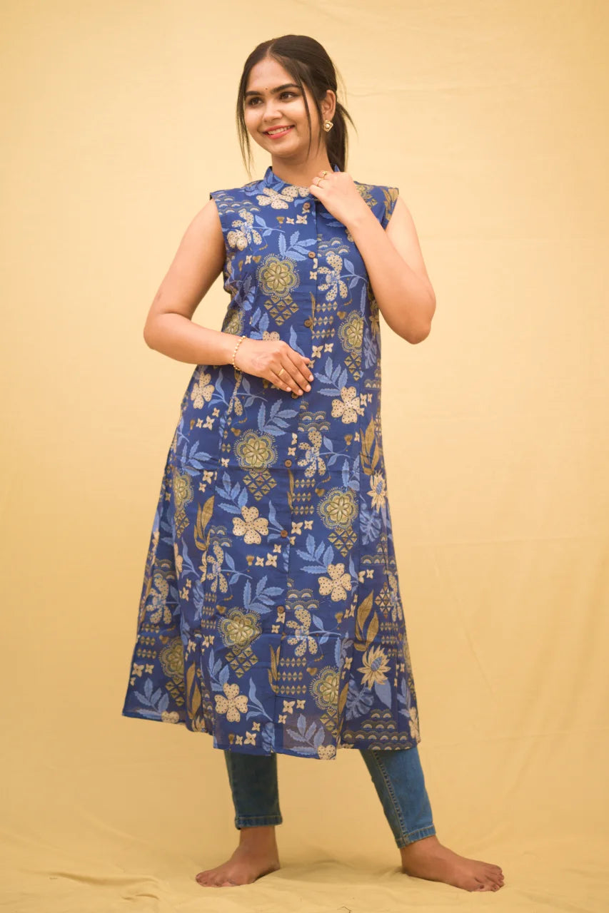 Blue Floral Printed Cotton Kurti with Sleeves