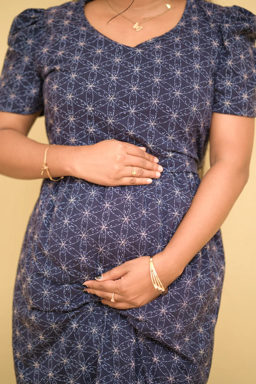 Midnight Sapphire Geometric Printed Cotton Maternity Kurti