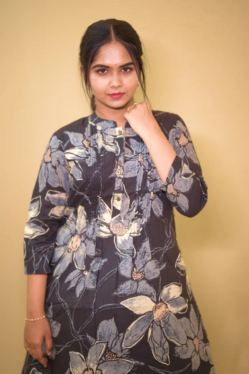 Charcoal Bloom Floral Printed Cotton Kurti