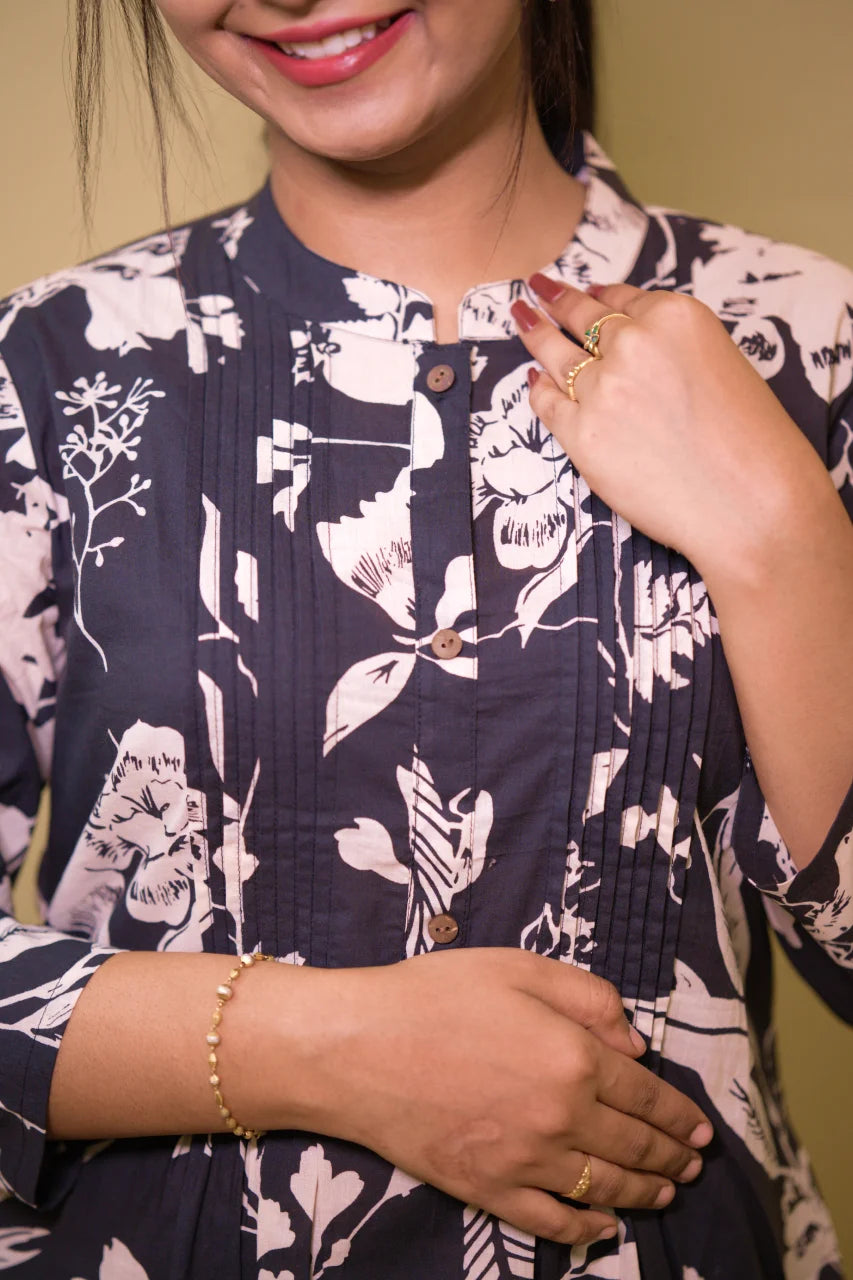Black Floral Printed Cotton Kurti