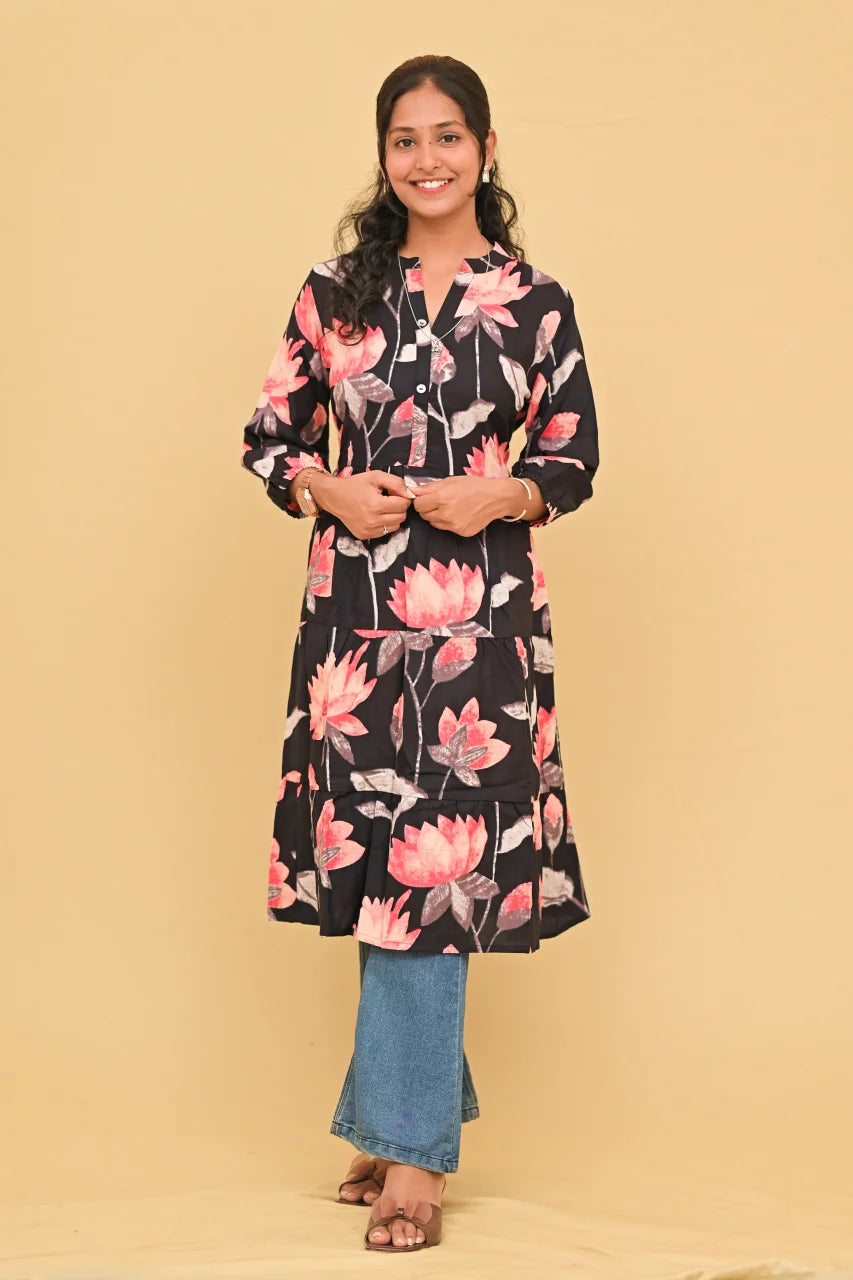 Noir Blossom Printed Tiered Kurti Top
