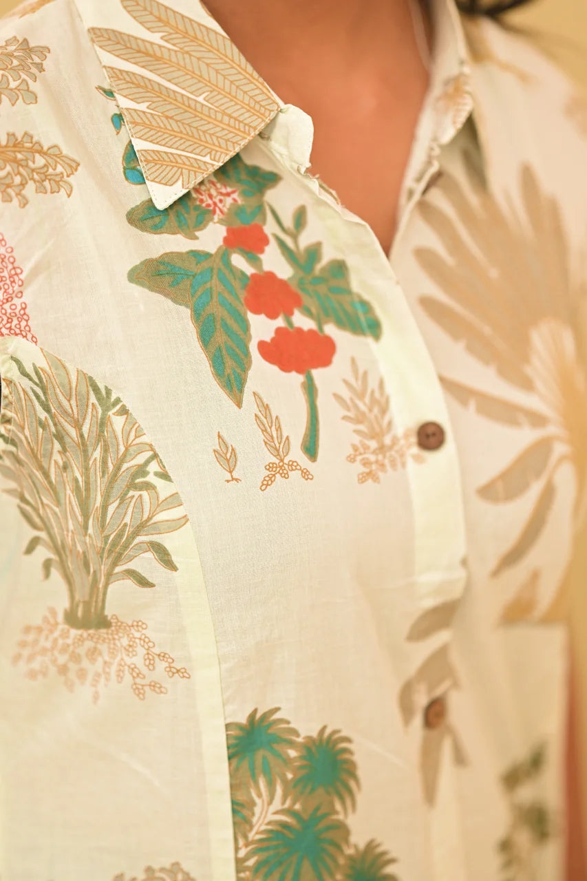Ivory Botanical Print Cotton Shirt Kurti with Sleeves