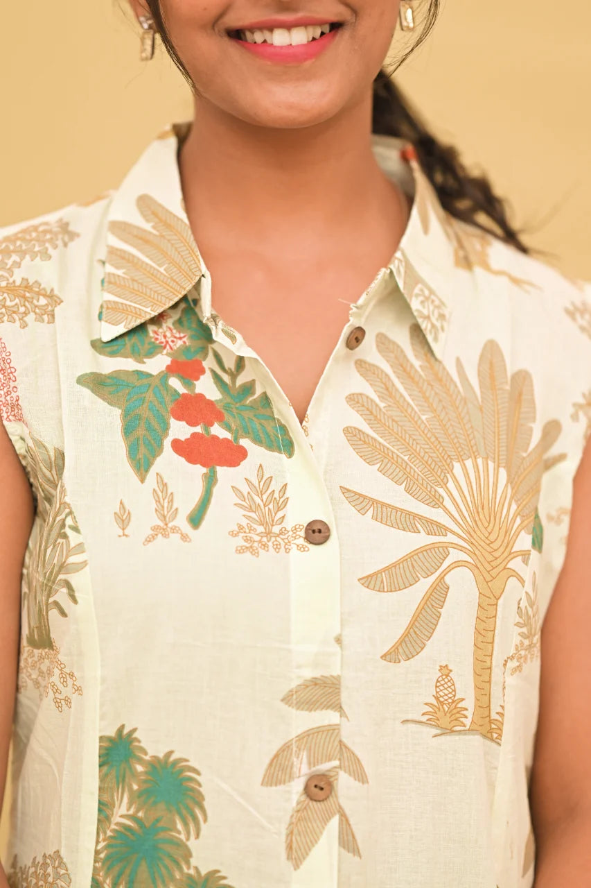 Ivory Botanical Print Cotton Shirt Kurti with Sleeves