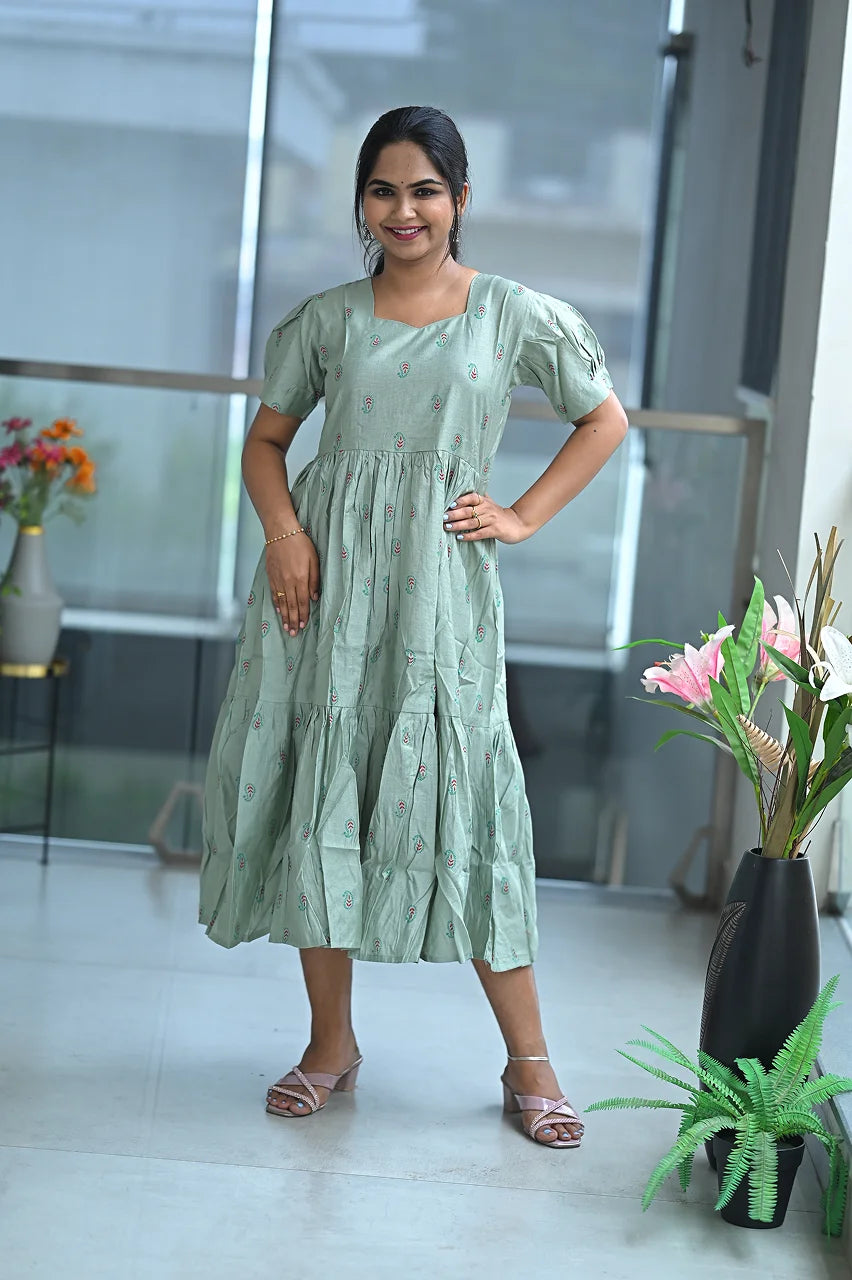 Women's Floral Tiered A-Line Midi Dress, Boat Neck, Rayon