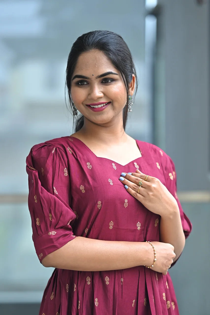 Women’s Maroon Rayon Tiered Midi Dress with Boat Neck & Elbow Puff Sleeves