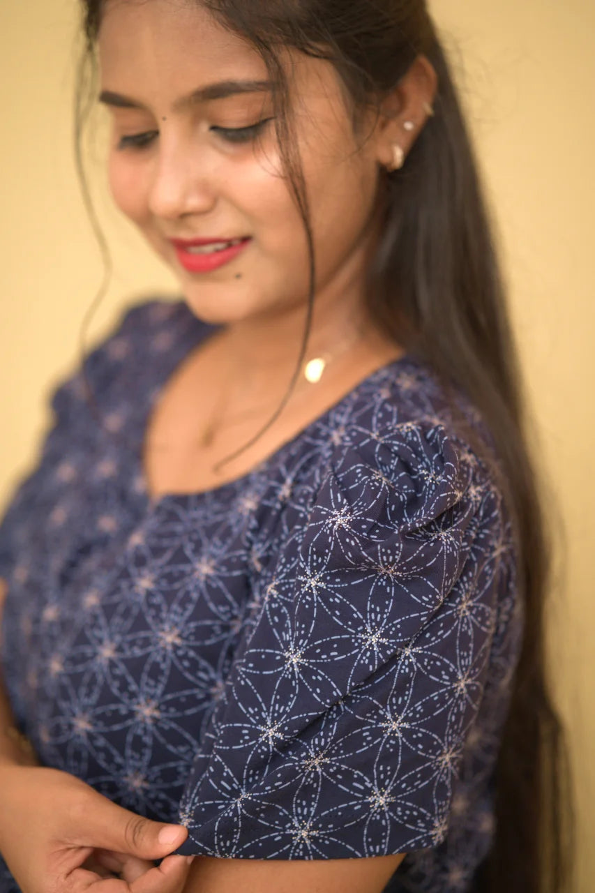 Midnight Sapphire Geometric Printed Cotton Maternity Kurti