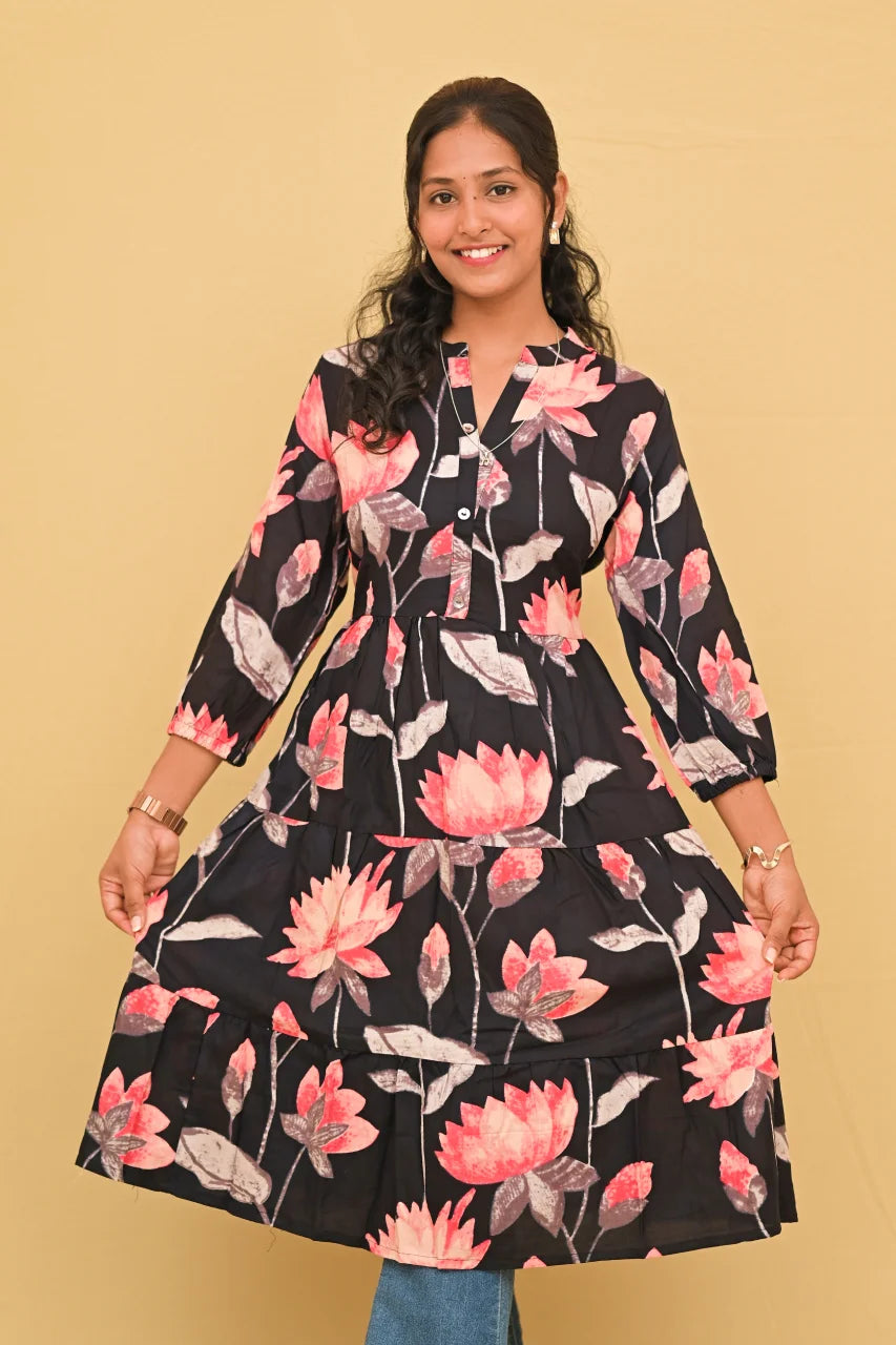 Noir Blossom Printed Tiered Kurti Top