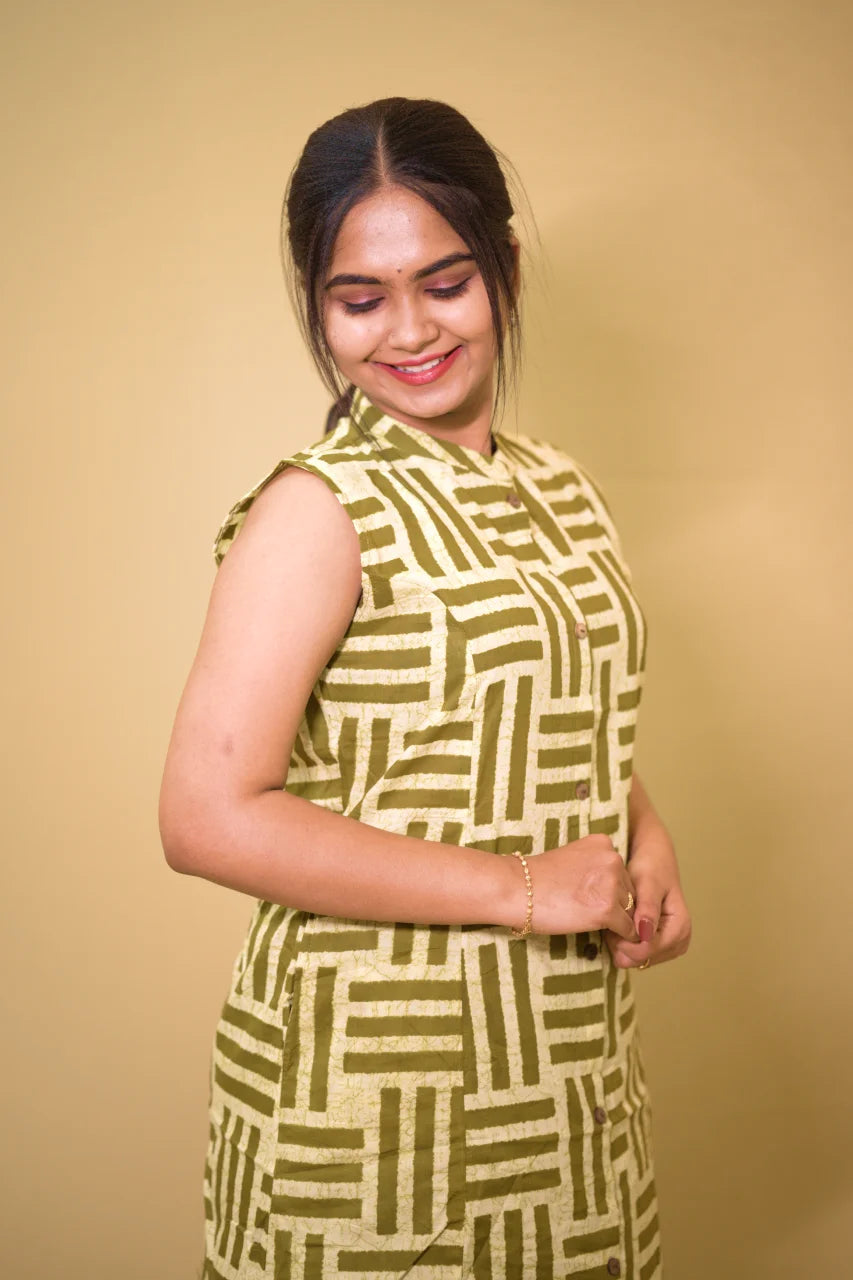 Olive Maze Printed Cotton Kurti with Sleeves