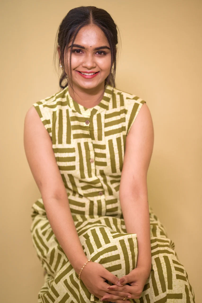 Olive Maze Printed Cotton Kurti with Sleeves