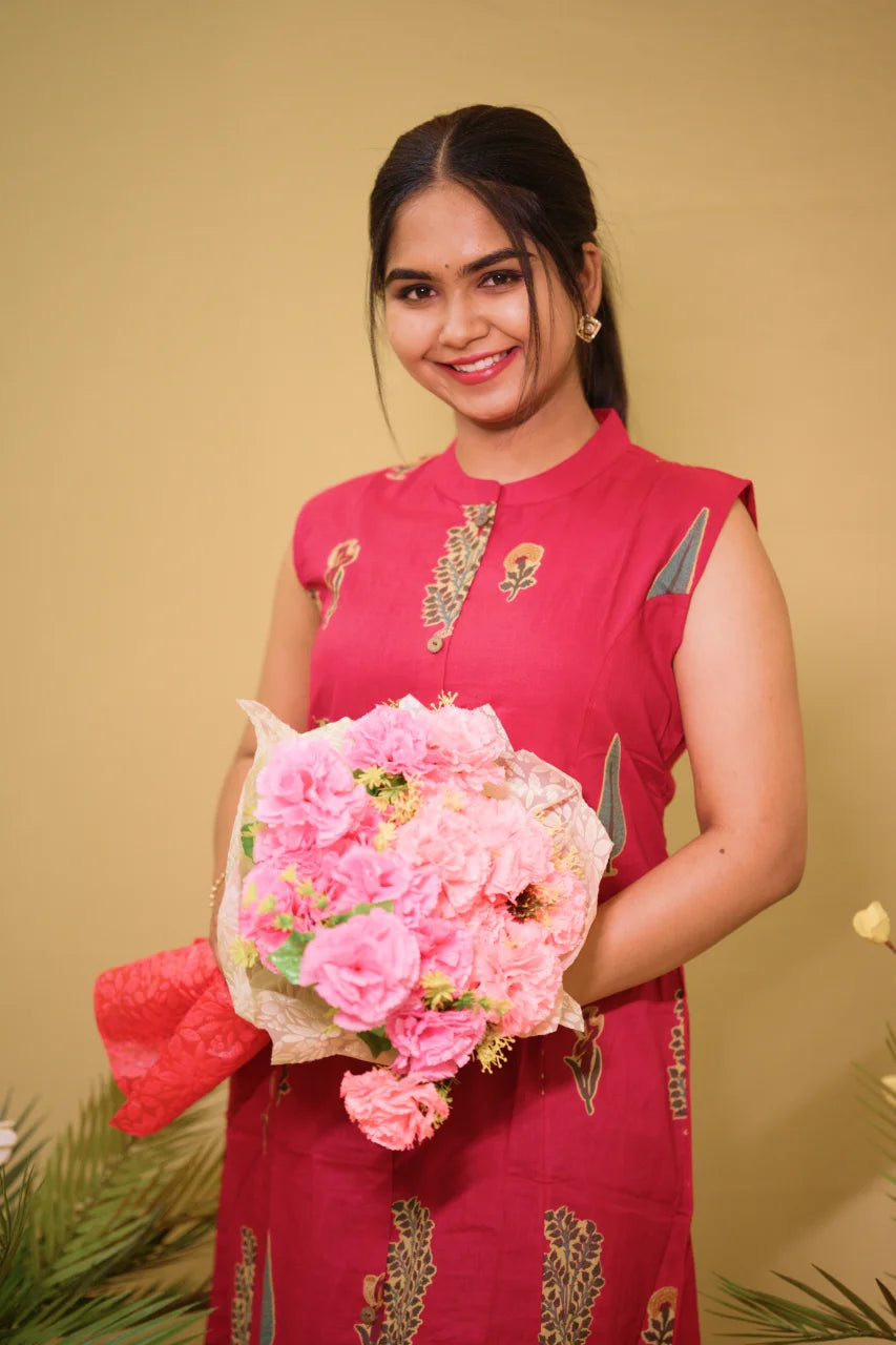 Crimson Leaf Printed Cotton Kurti with Sleeves