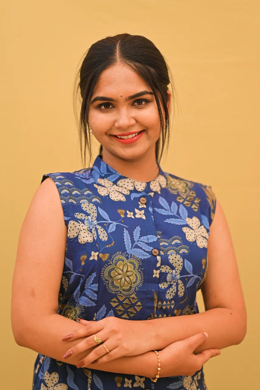 Blue Floral Printed Cotton Kurti with Sleeves