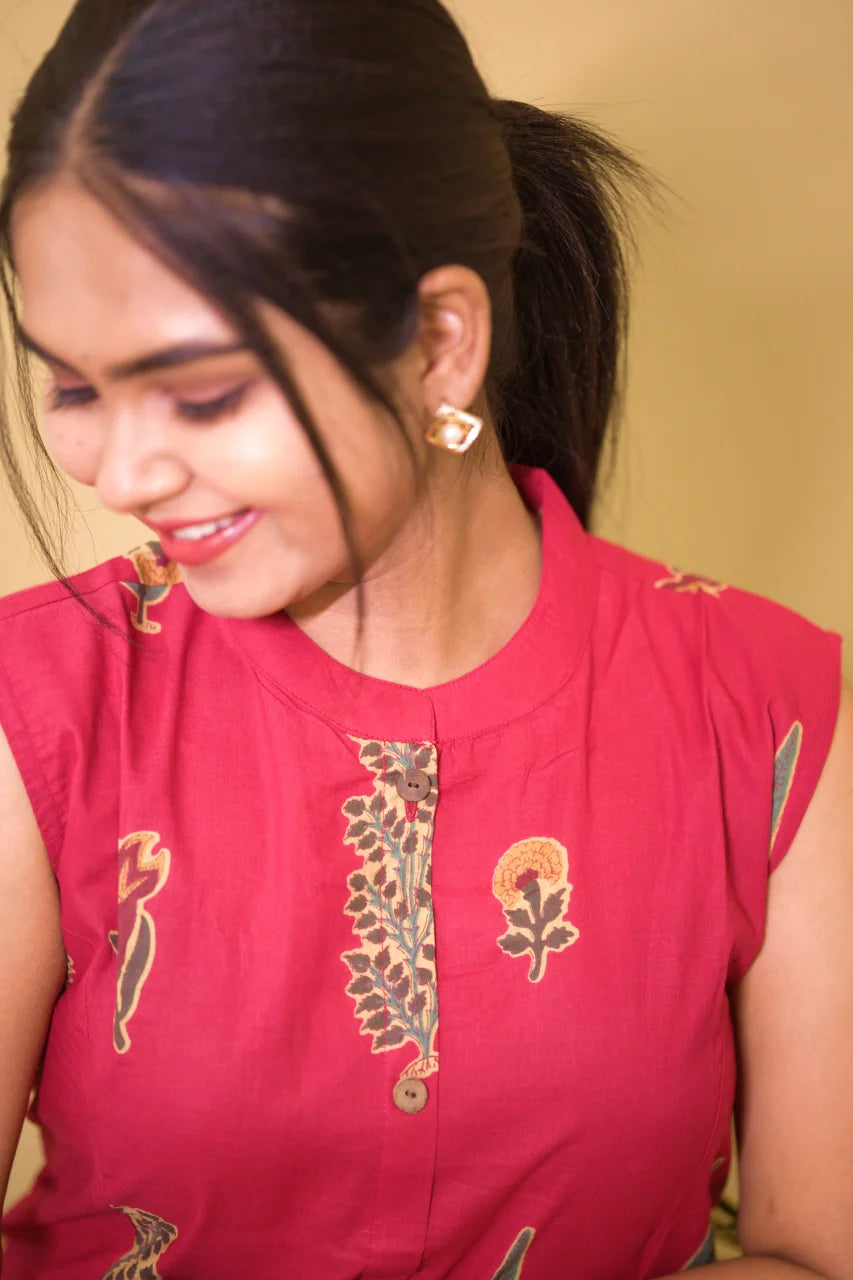 Crimson Leaf Printed Cotton Kurti with Sleeves