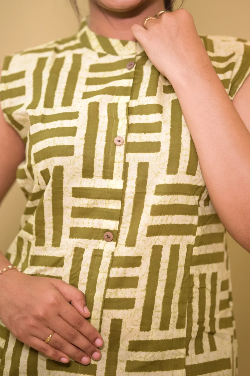 Olive Maze Printed Cotton Kurti with Sleeves