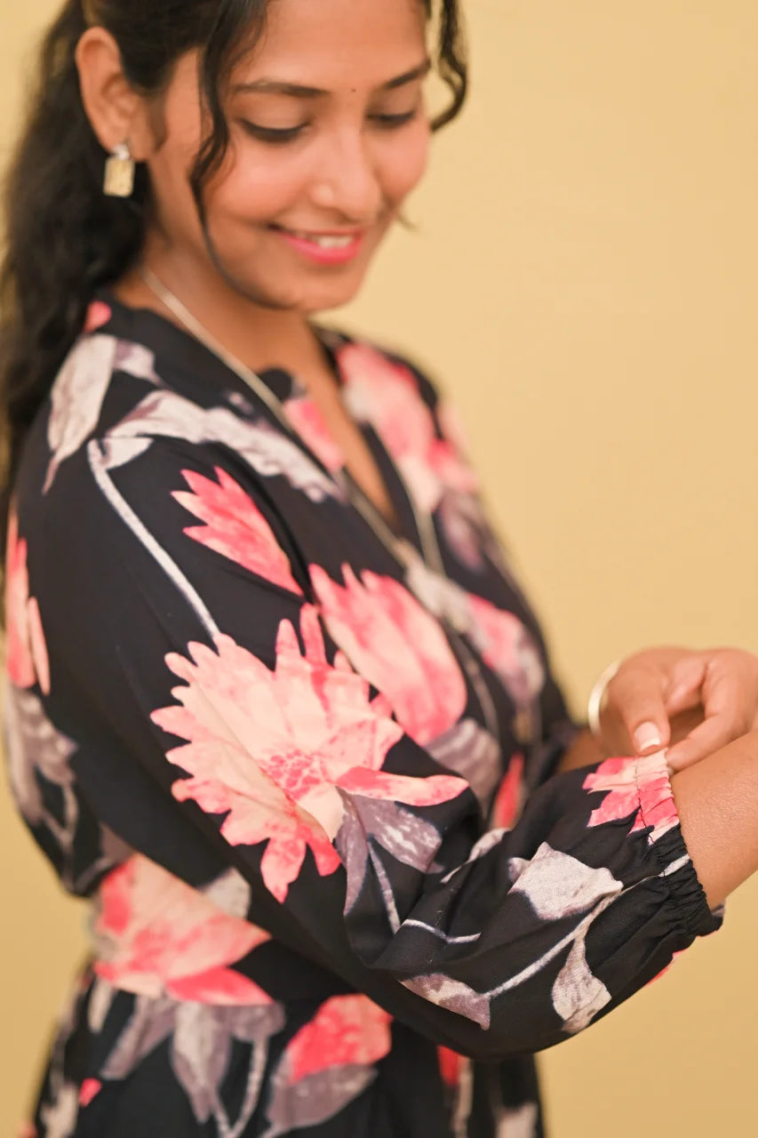 Noir Blossom Printed Tiered Kurti Top