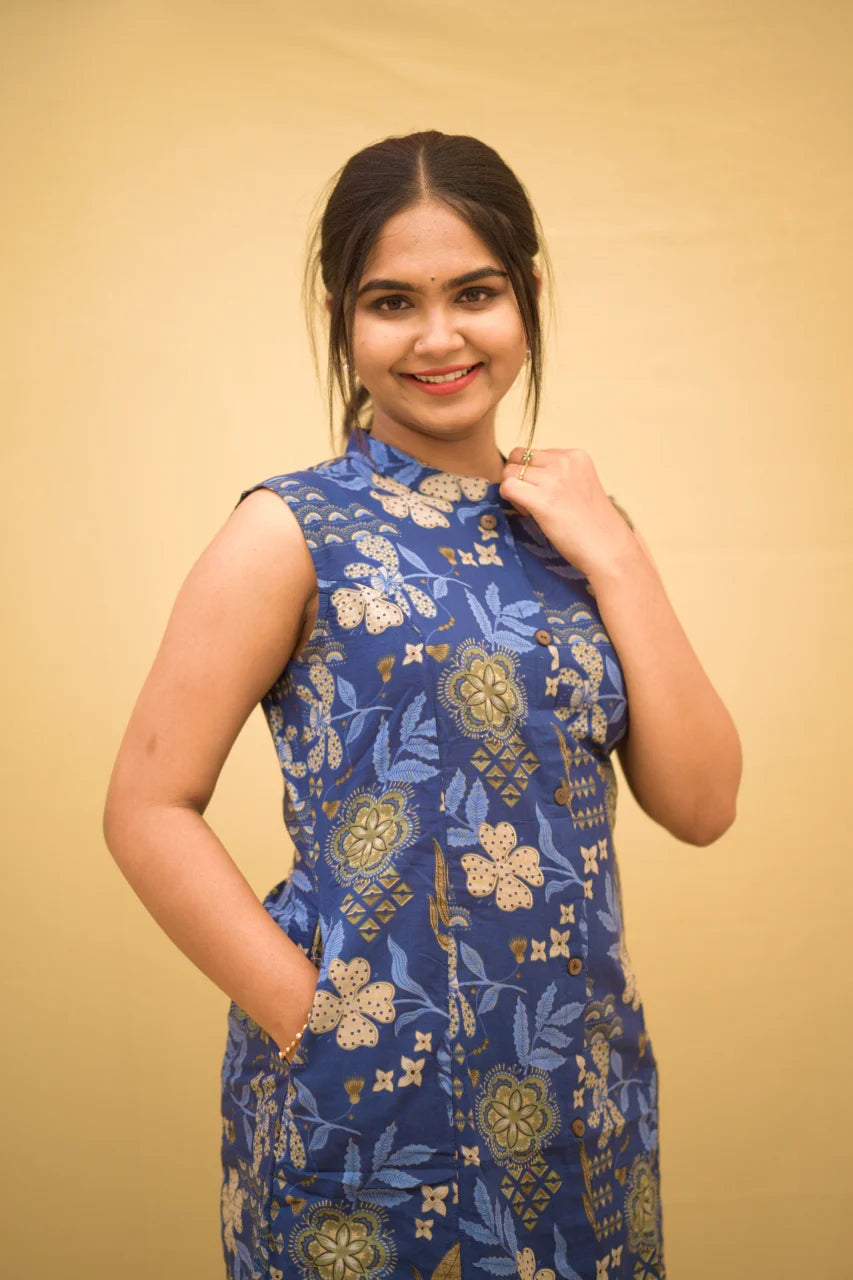 Blue Floral Printed Cotton Kurti with Sleeves