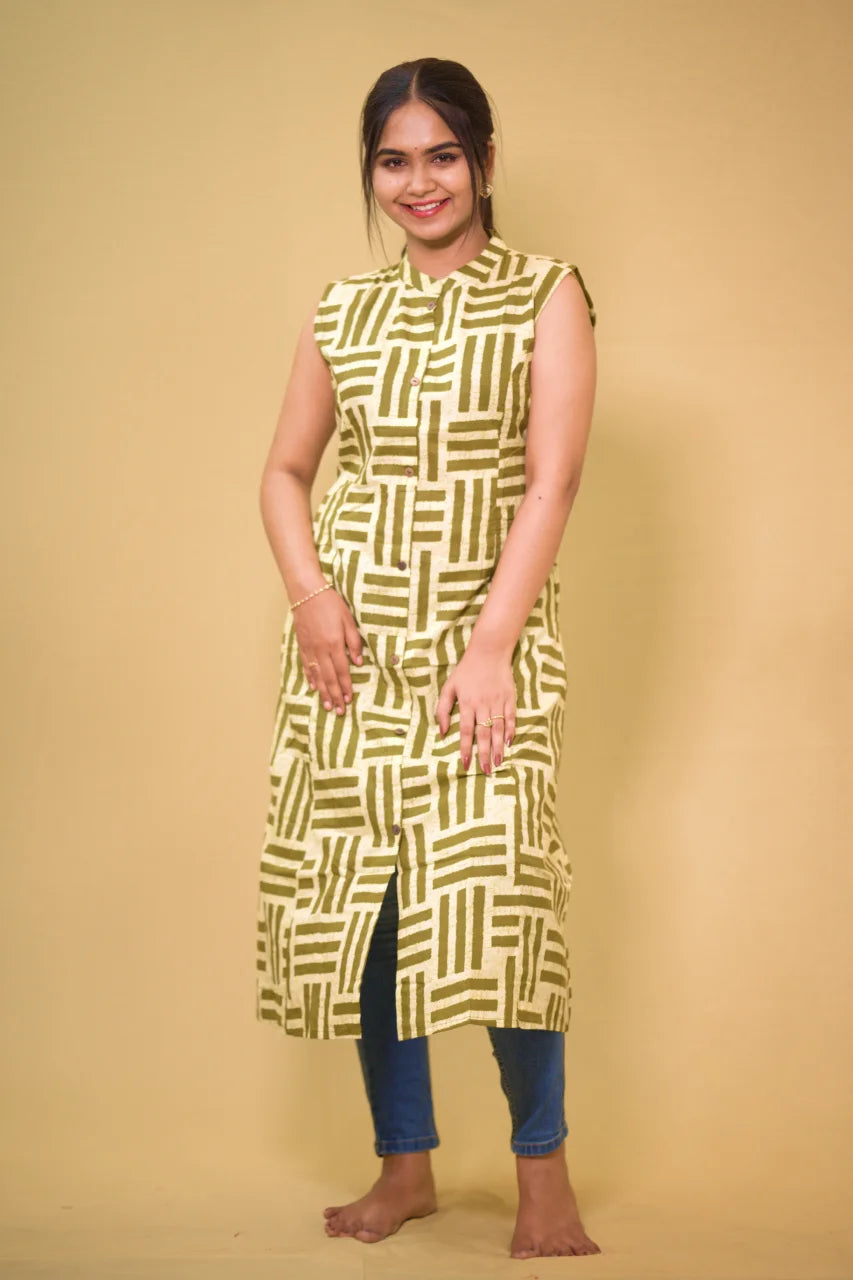 Olive Maze Printed Cotton Kurti with Sleeves