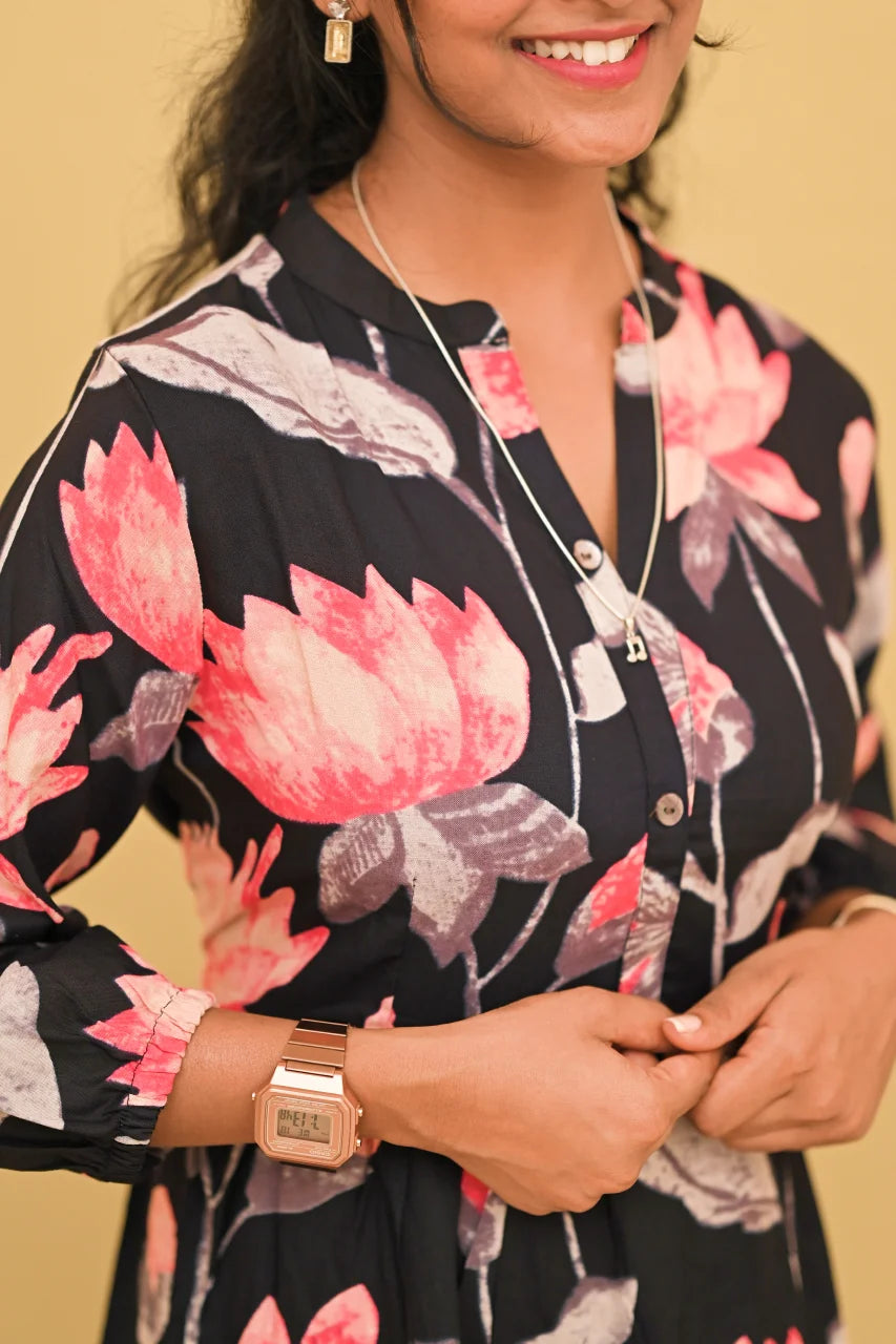 Noir Blossom Printed Tiered Kurti Top