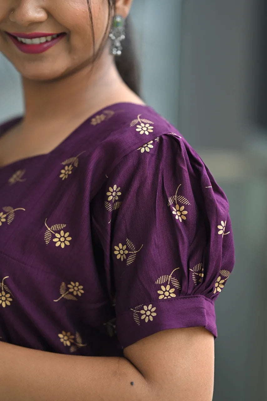 Women's Purple Rayon Tiered Midi Dress: Square Neck Puff Sleeves Wine Collor